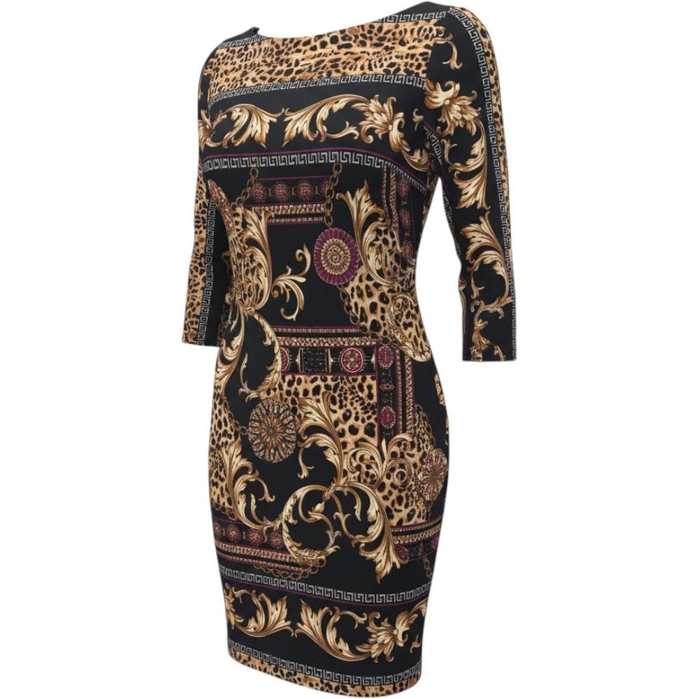 Cache Baroque Leopard Print Sheath Dress 8 Black Gold